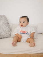 Little Joy Co. All American Boy T-Shirt Romper for baby boys, red, white, blue design, snap closure.