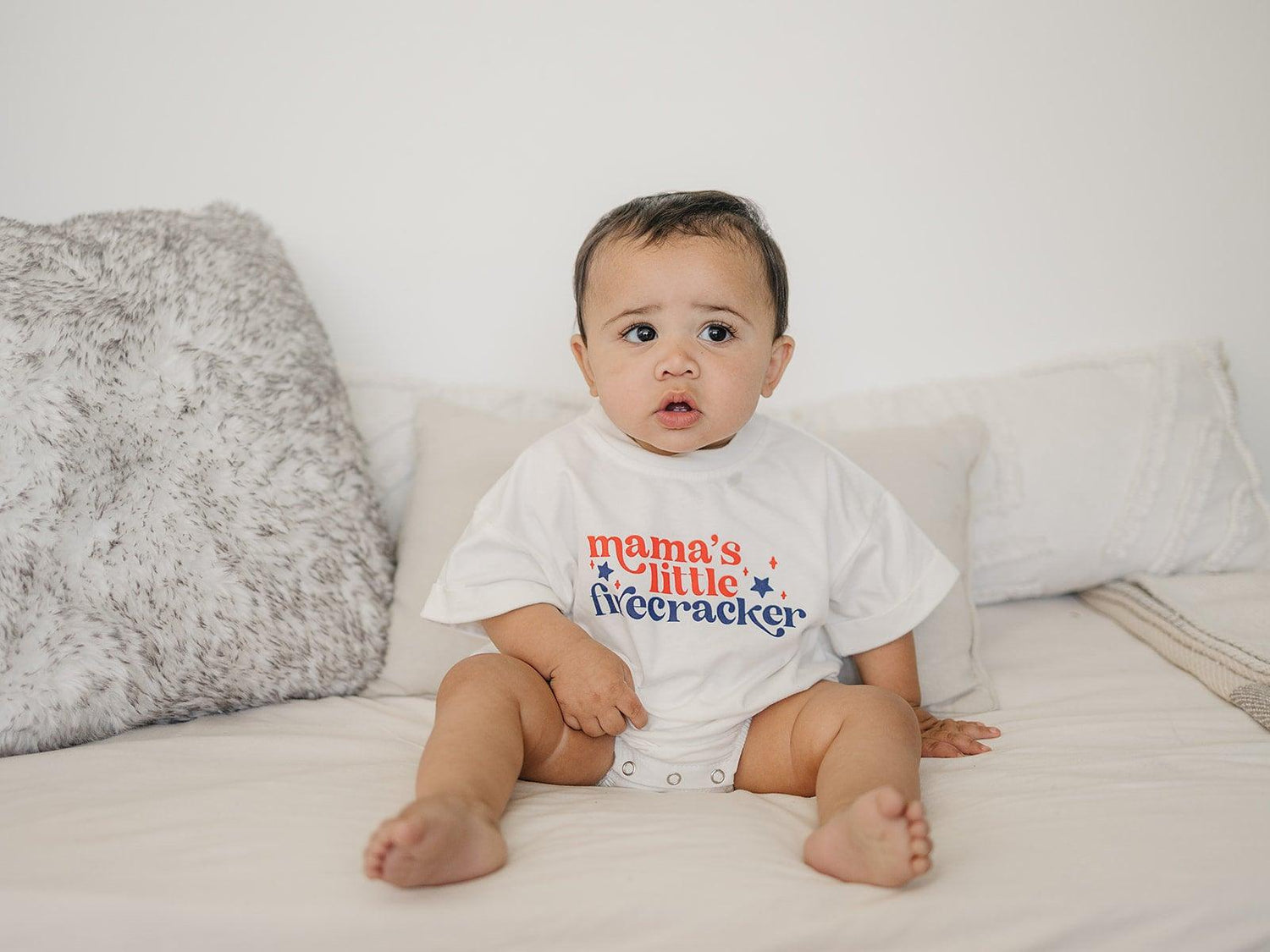 Little Joy Co. All American Boy T-Shirt Romper for baby boys, red, white, blue design, snap closure.