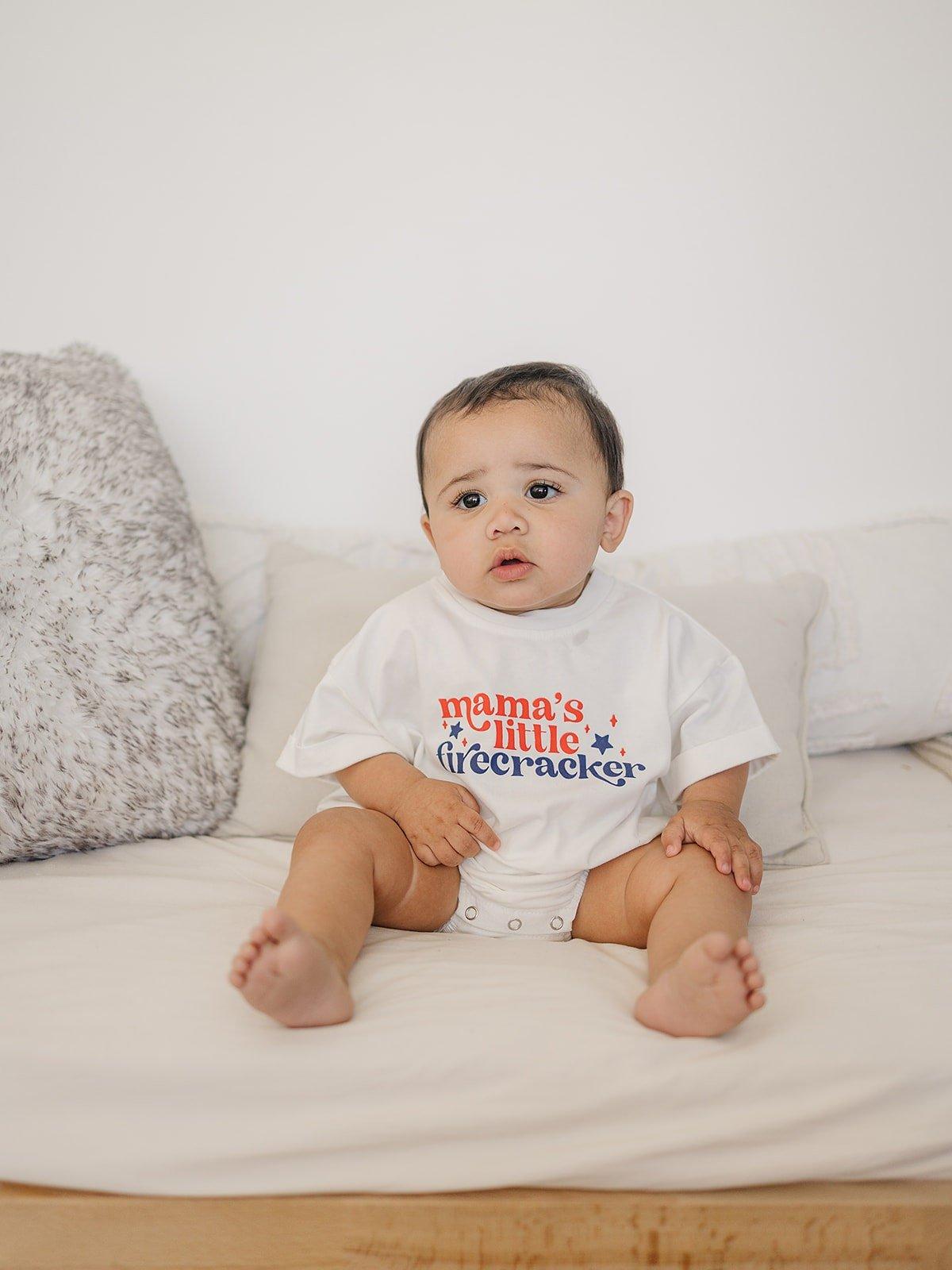 Little Joy Co. All American Boy T-Shirt Romper for baby boys, red, white, blue design, snap closure.