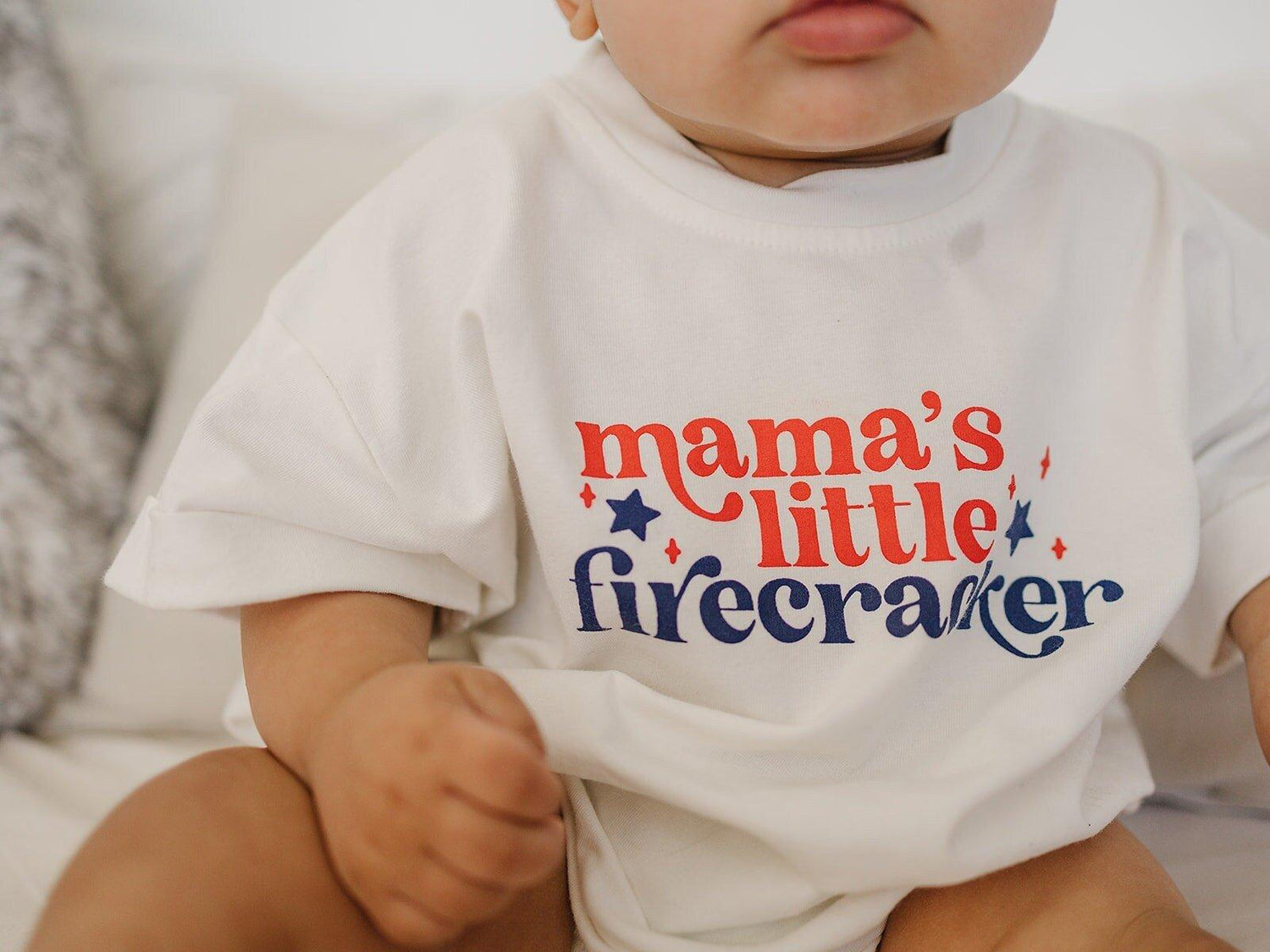 Little Joy Co. All American Boy T-Shirt Romper for baby boys, red, white, blue design, snap closure.