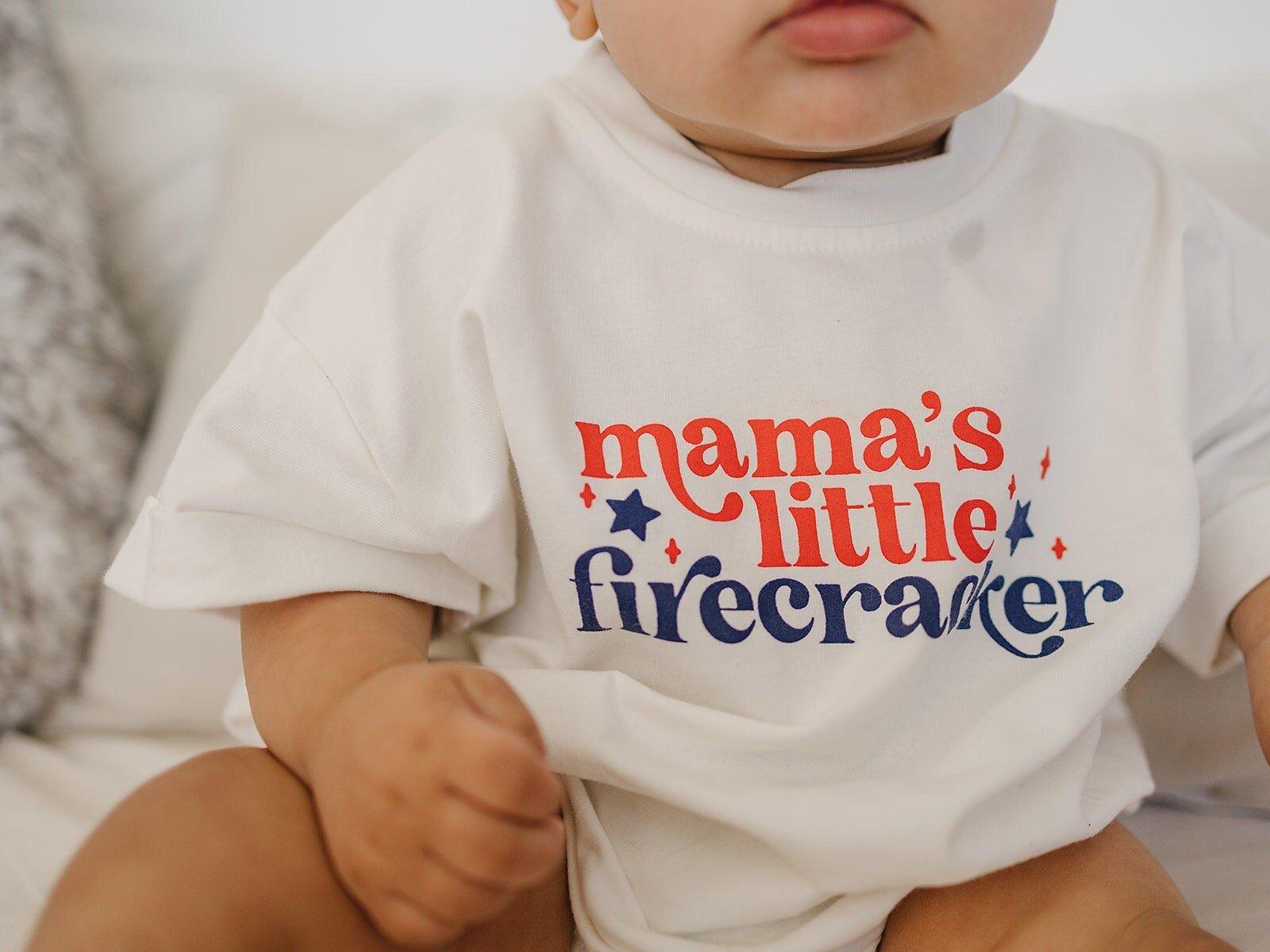 Little Joy Co. All American Boy T-Shirt Romper for baby boys, red, white, blue design, snap closure.
