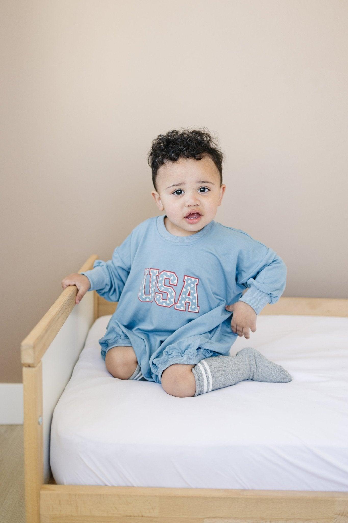 Little Joy Co bamboo viscose bubble romper for baby, soft stretch fabric, comfortable and breathable.