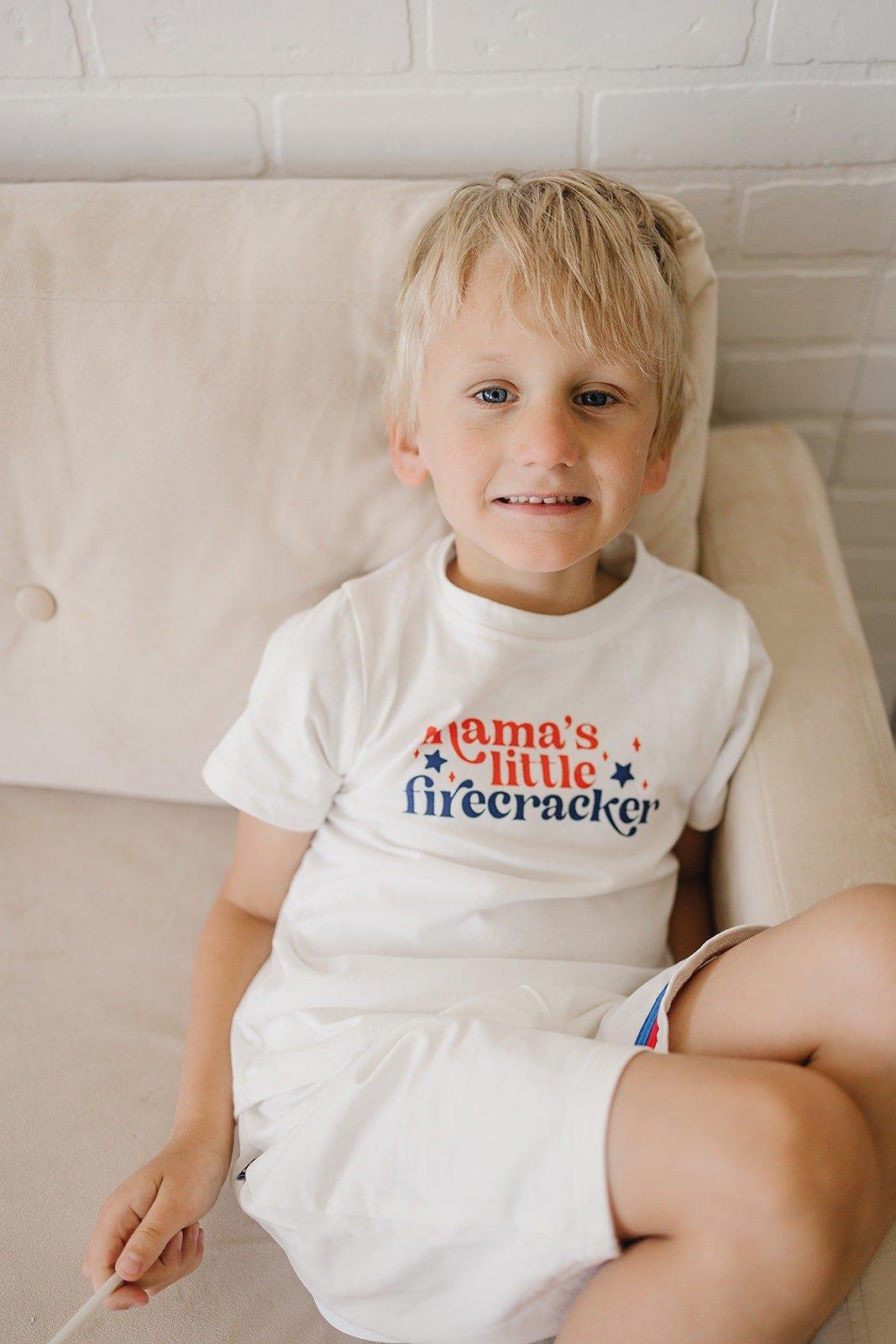 Toddler wearing a Little Joy Co. Organic USA Pride t-shirt, featuring a patriotic graphic.
