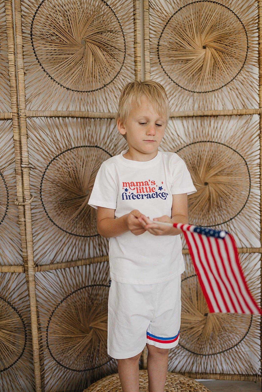 Toddler wearing a Little Joy Co. Organic USA Pride t-shirt, featuring a patriotic graphic.