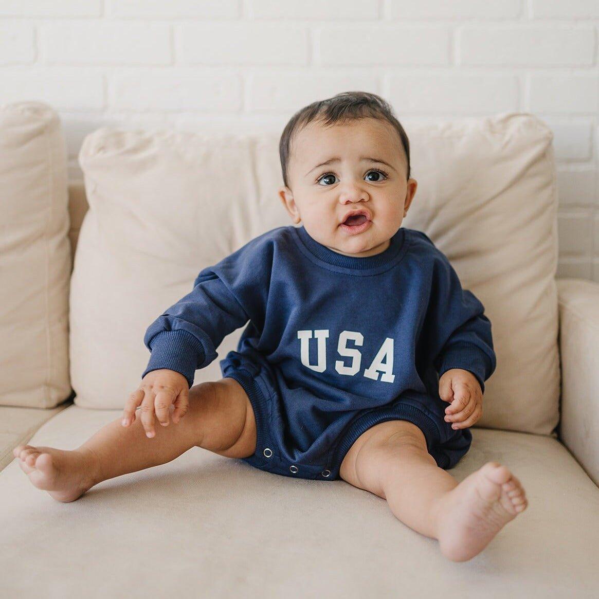 Little Joy Co. USA ultra-soft terry sweatshirt romper for babies.