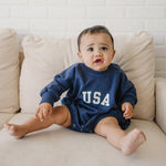 Little Joy Co. USA ultra-soft terry sweatshirt romper for babies.