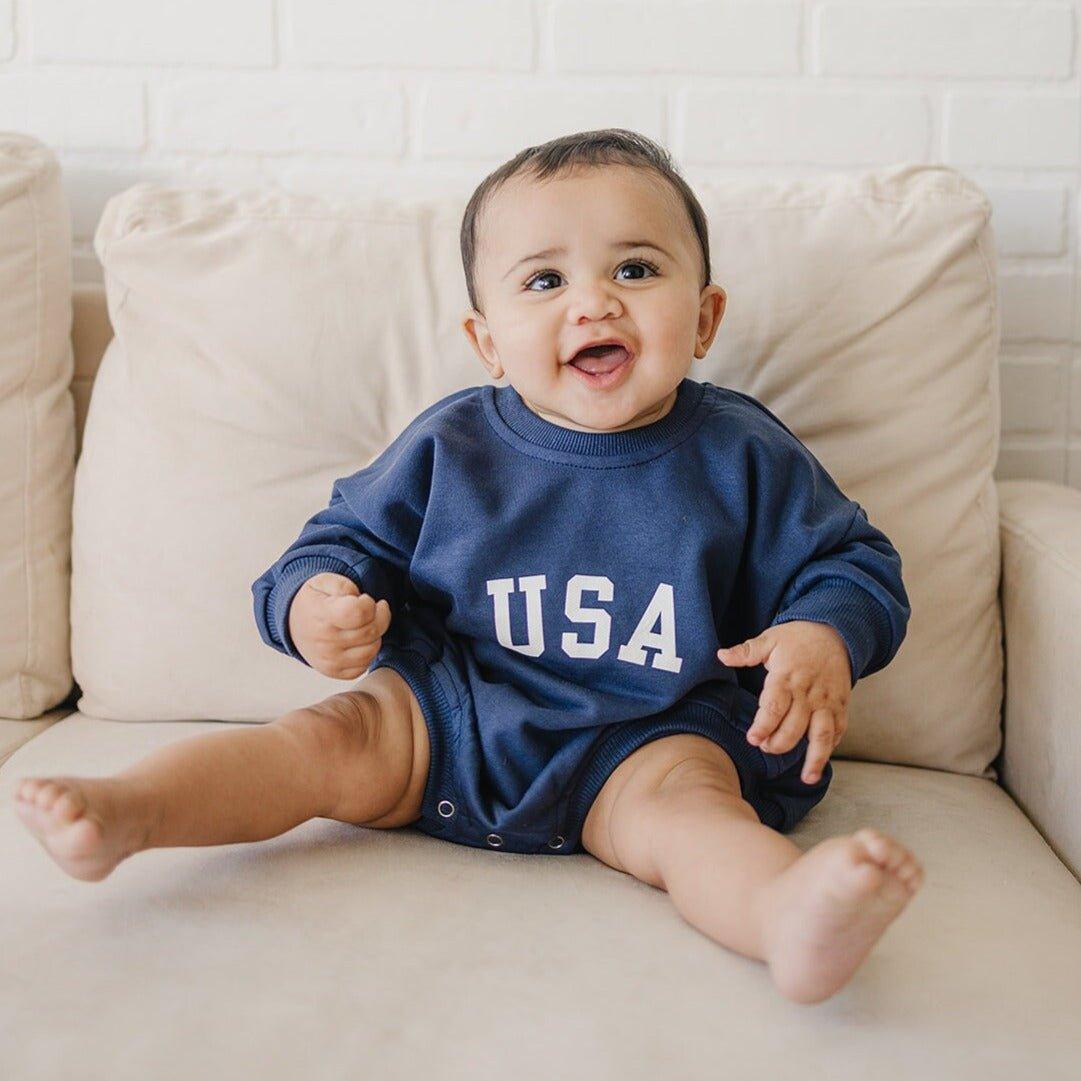 Little Joy Co. USA ultra-soft terry sweatshirt romper for babies.