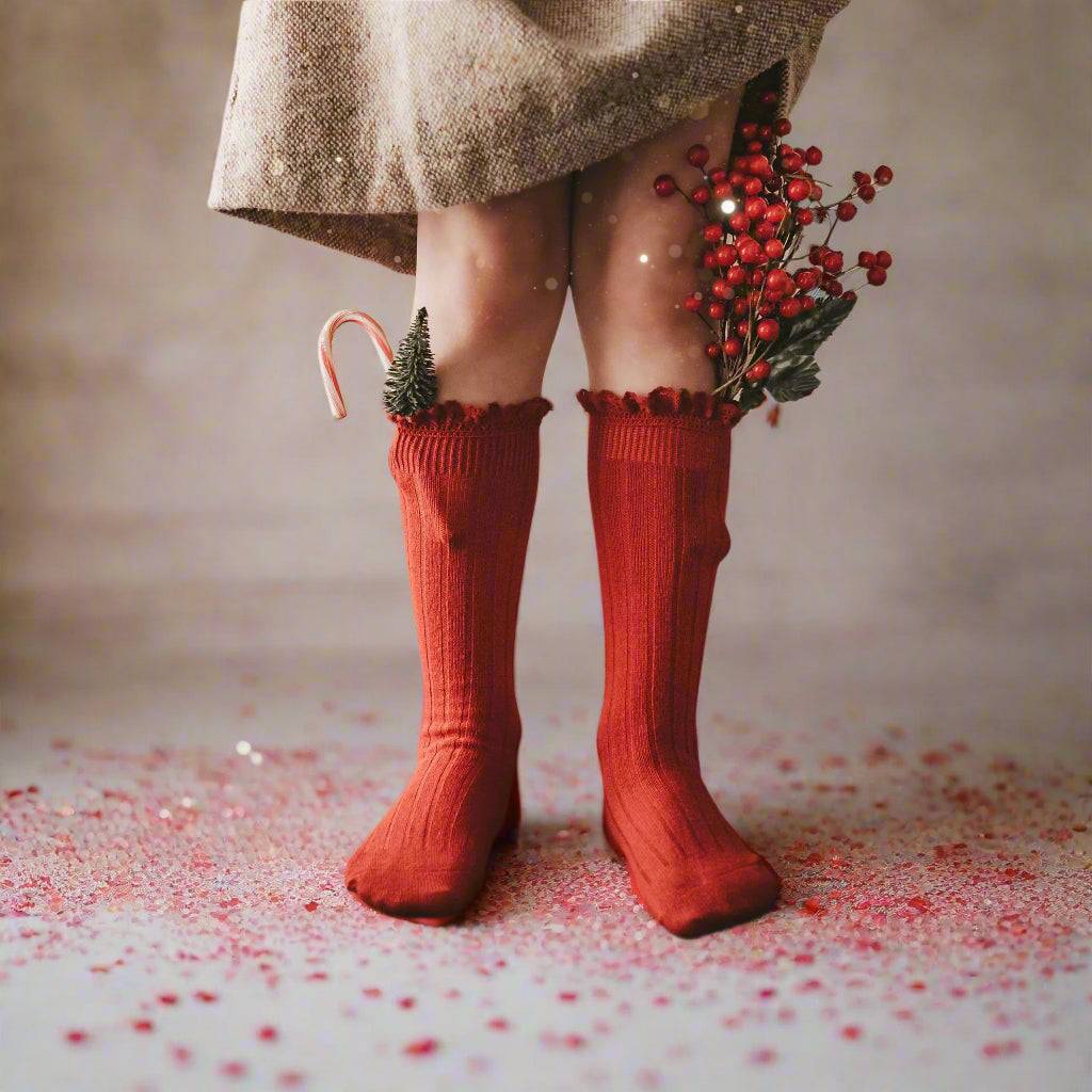 Little Love Bug Co. LLB lace top knee high baby socks.