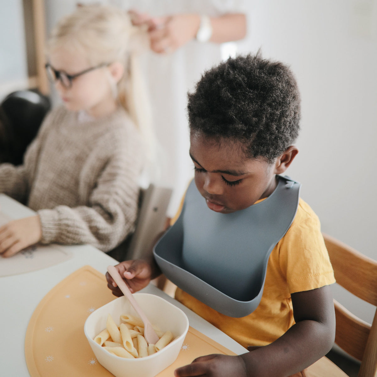 Mushie Square Dinnerware Bowls, silicone, for baby and toddler meals.