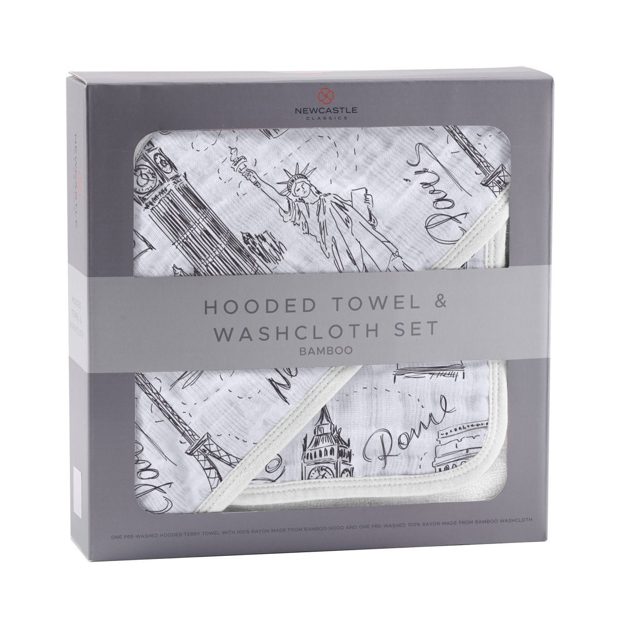 Newcastle Classics London Paris New York Bamboo Hooded Towel Set for Soft Baby Bathing - 
