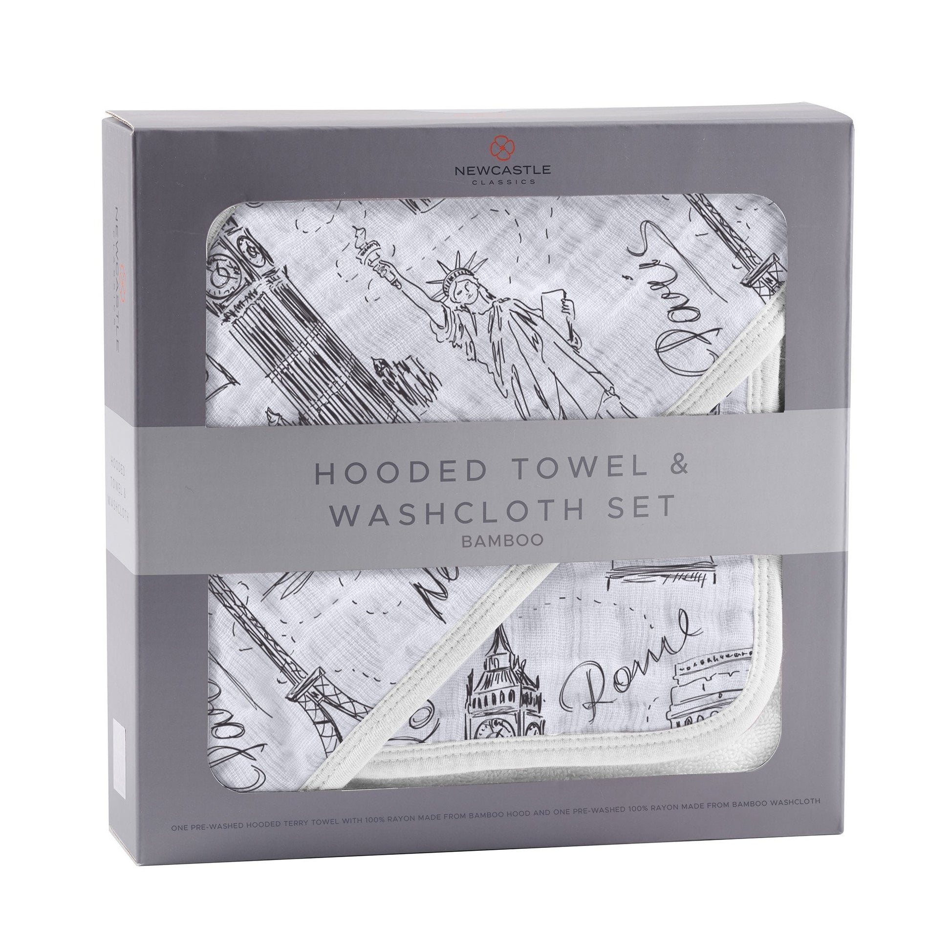 London Paris New York Hooded Towel and Washcloth Set for Babies in Soft Bamboo Newcastle Classics