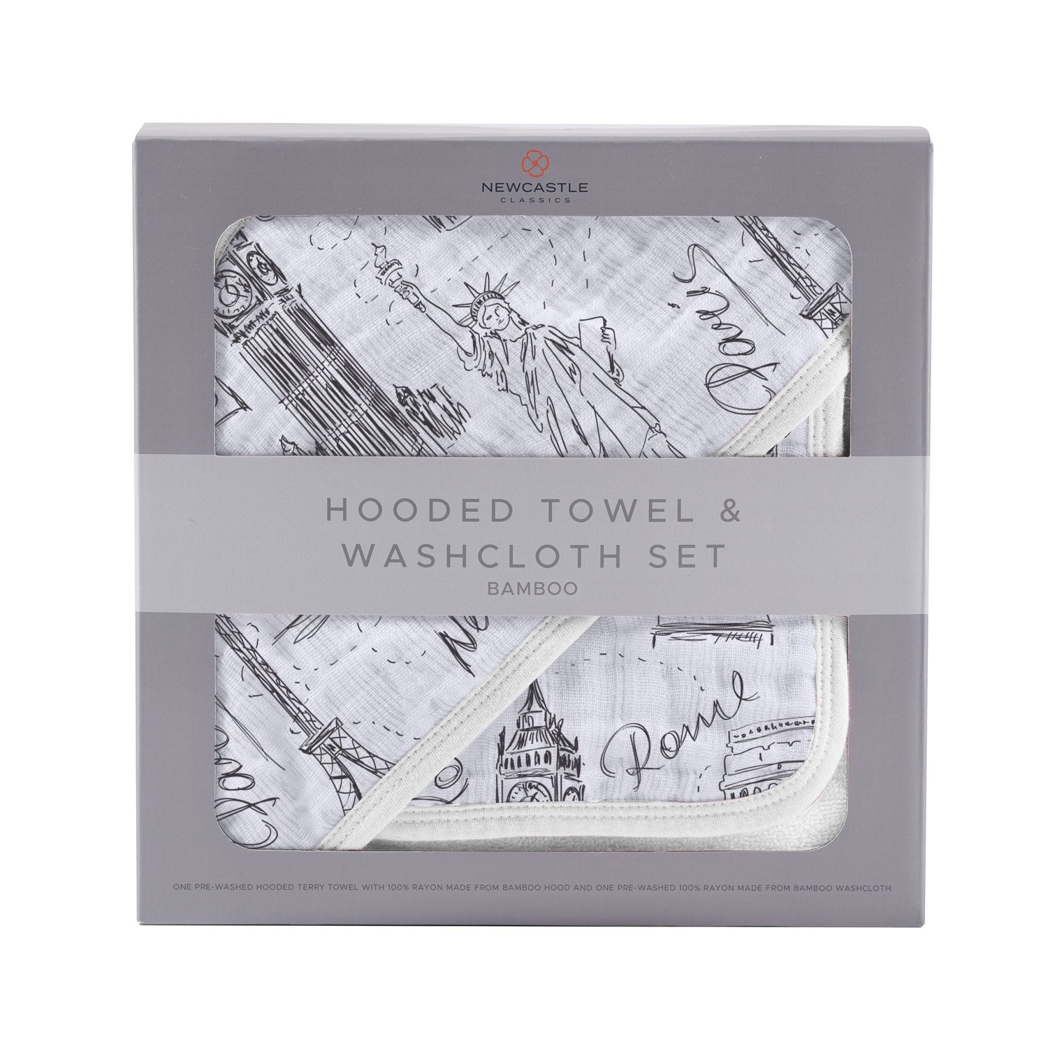 Newcastle Classics London Paris New York Bamboo Hooded Towel Set for Soft Baby Bathing - Baby & Toddler > Baby Bathing Bamboo Hooded Towel & Washcloth Set