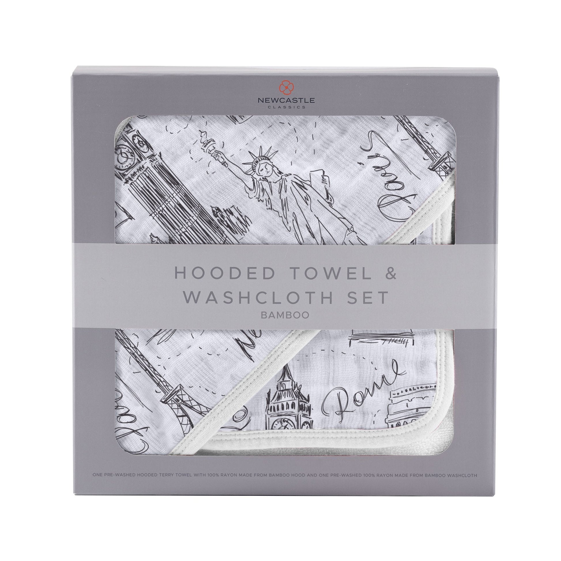 London Paris New York Hooded Towel and Washcloth Set for Babies in Soft Bamboo Newcastle Classics