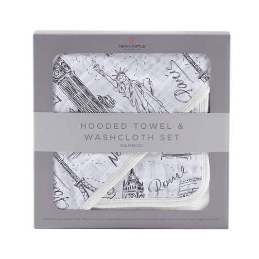 London Paris New York Hooded Towel and Washcloth Set for Babies in Soft Bamboo Newcastle Classics