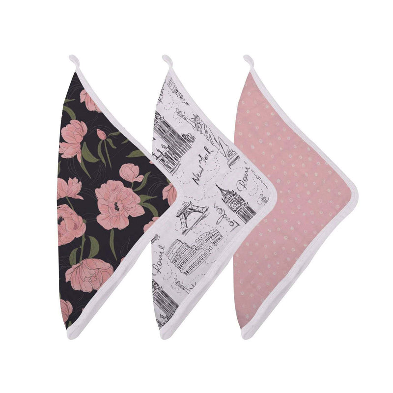 London, Paris, New York washcloth set with colorful prints and attached drying loops.