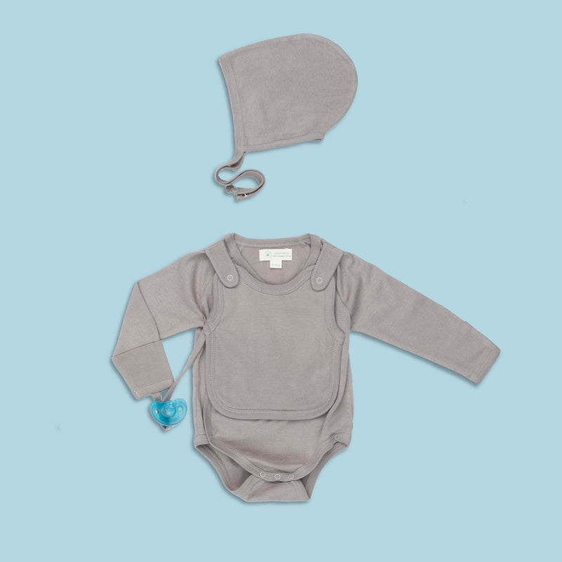 Long Sleeve Kimono Bodysuit + Bib - Gray - Everetts Place: Online Boutique - Baby Clothing