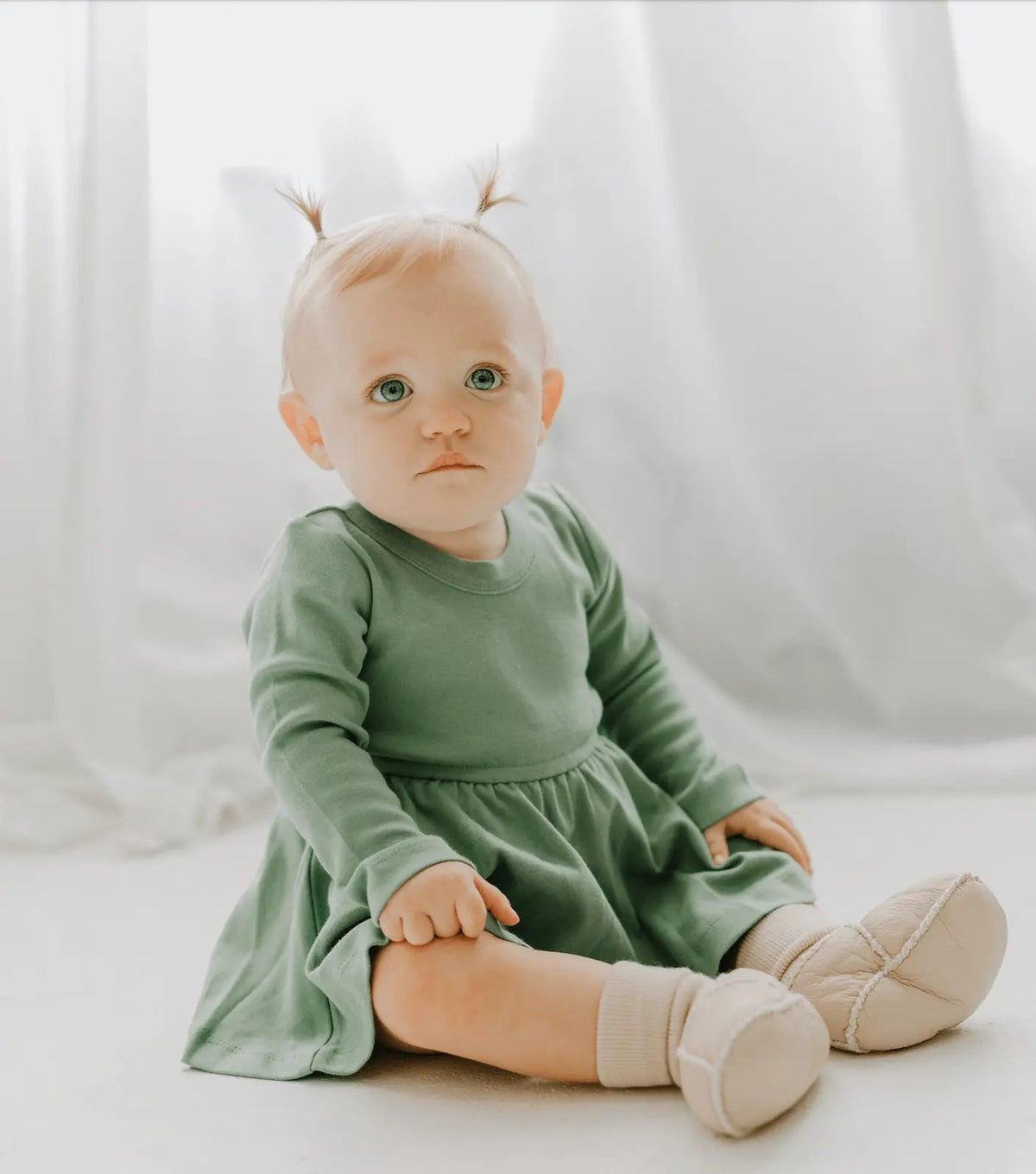 Finn + Emma long sleeve twirl dress | Basil Green - 