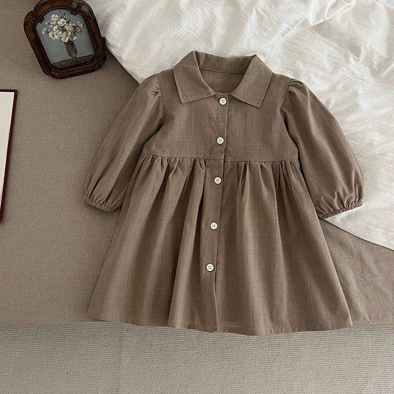 Long sleeves solid color brown cotton dress for girls, sizes 90-130.