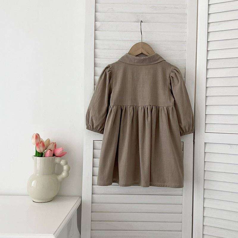 Long sleeves solid color cotton dress for girls in brown.