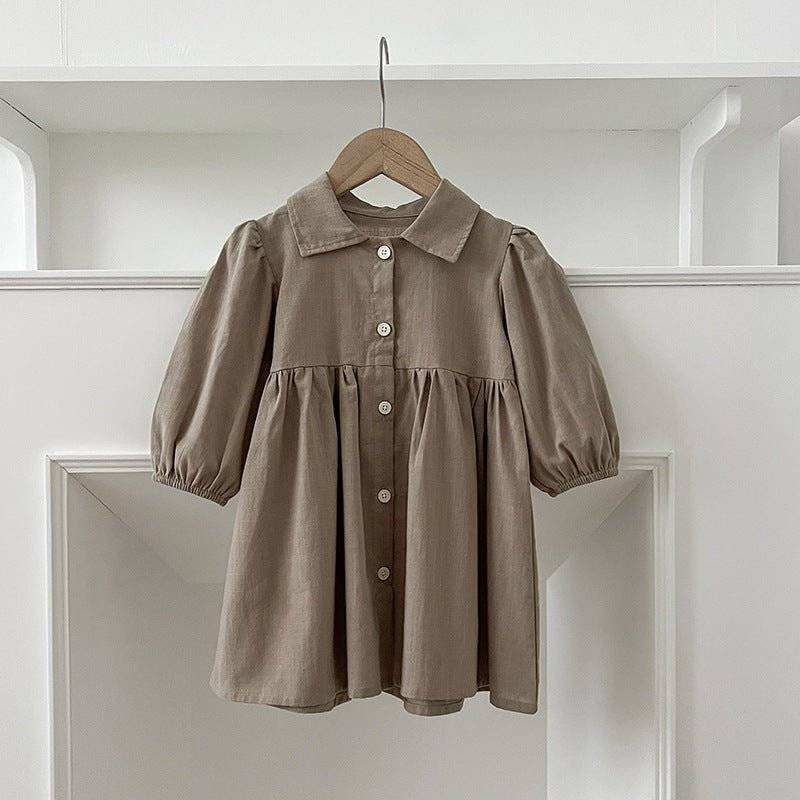 Long sleeves solid color brown cotton dress for girls, sizes 90-130.