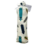Baby swaddle blanket with a longboard skateboard pattern, spread out square.