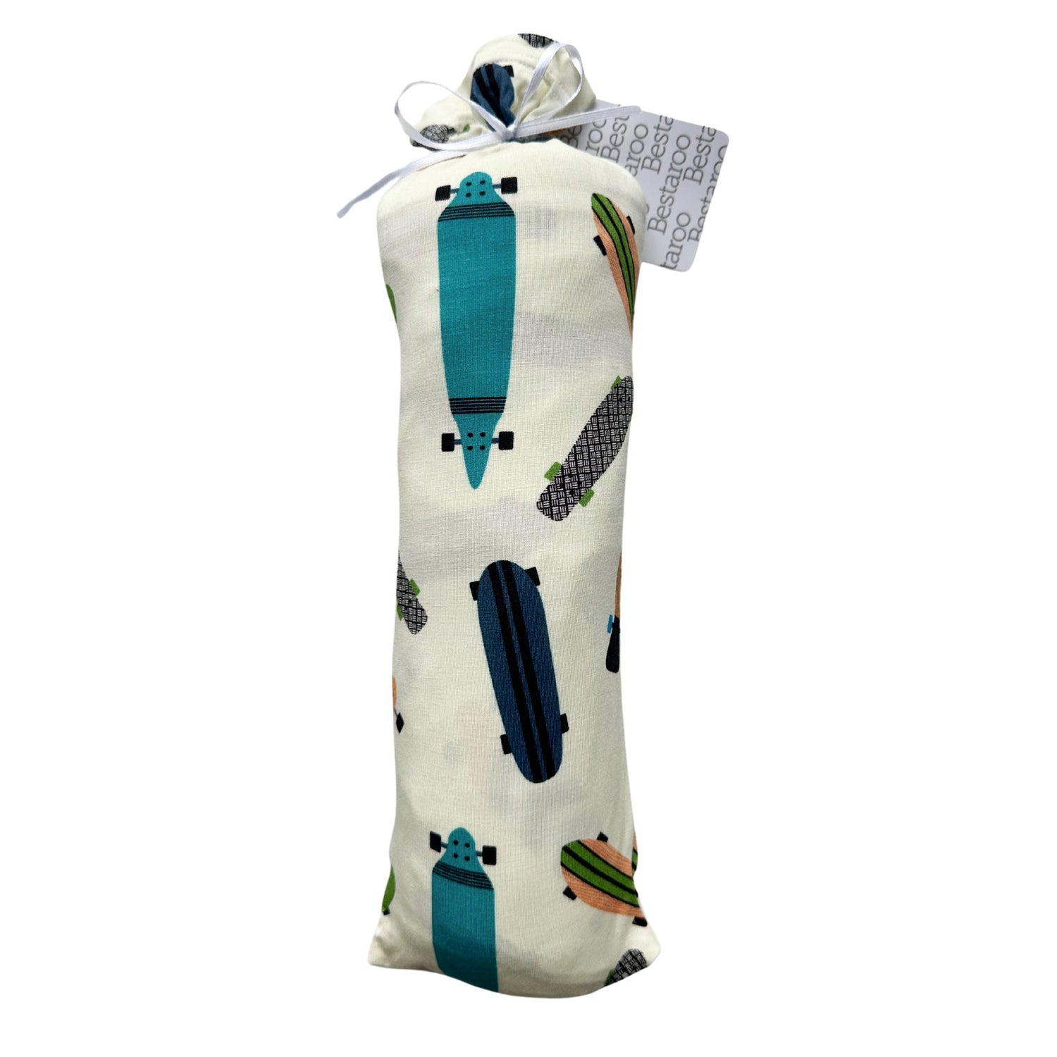 Baby swaddle blanket with a longboard skateboard pattern, spread out square.