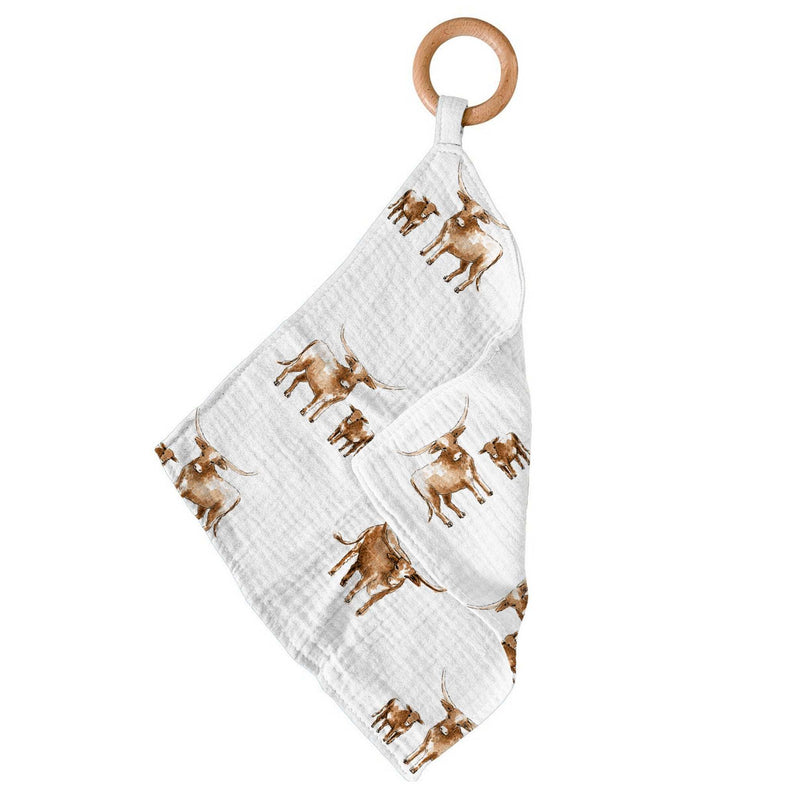 Longhorn Newcastle Teether with Bamboo Mini Blankie and Removable Beach Wood Ring Newcastle Classics