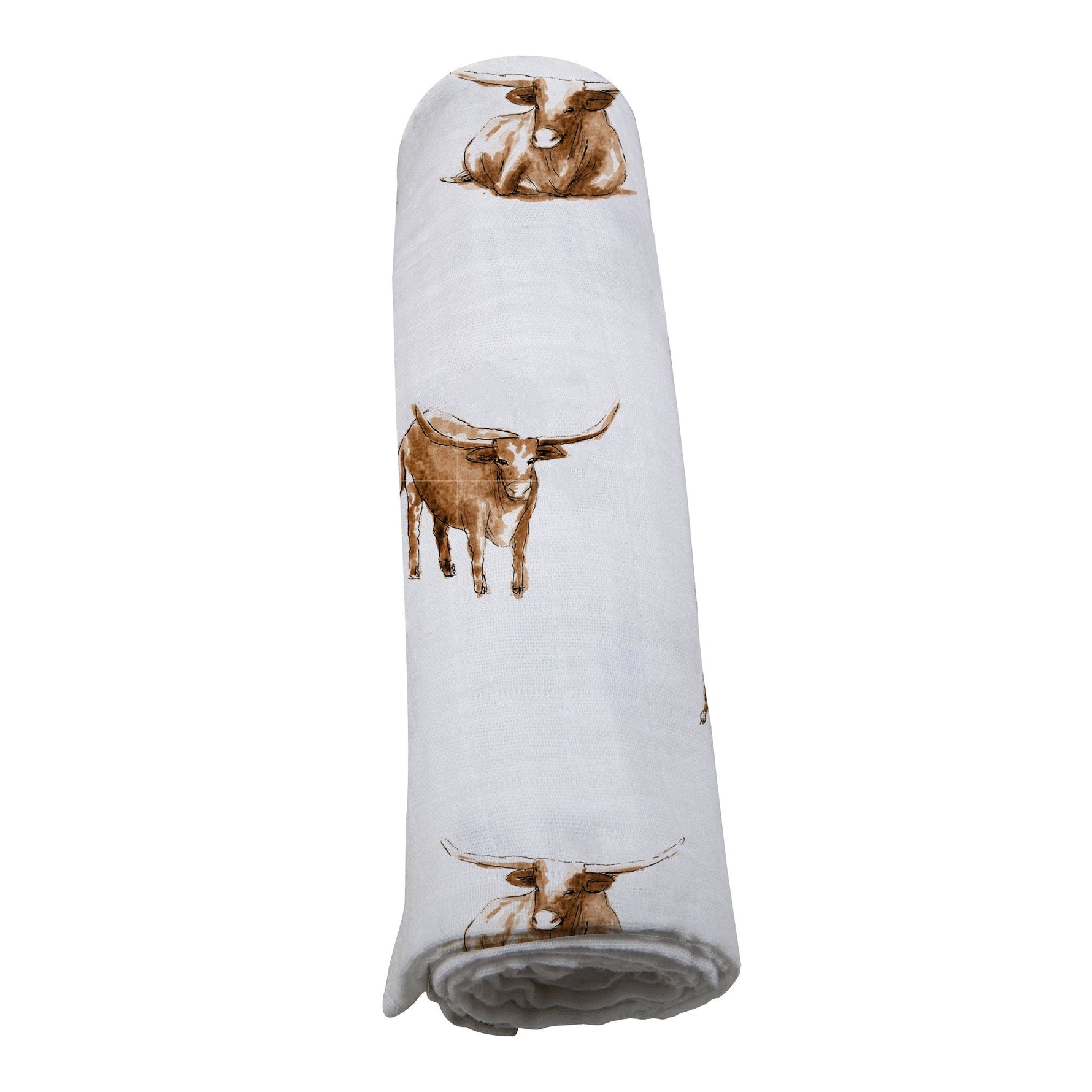 Soft organic muslin baby swaddle blanket with a brown longhorn print, unfolded.