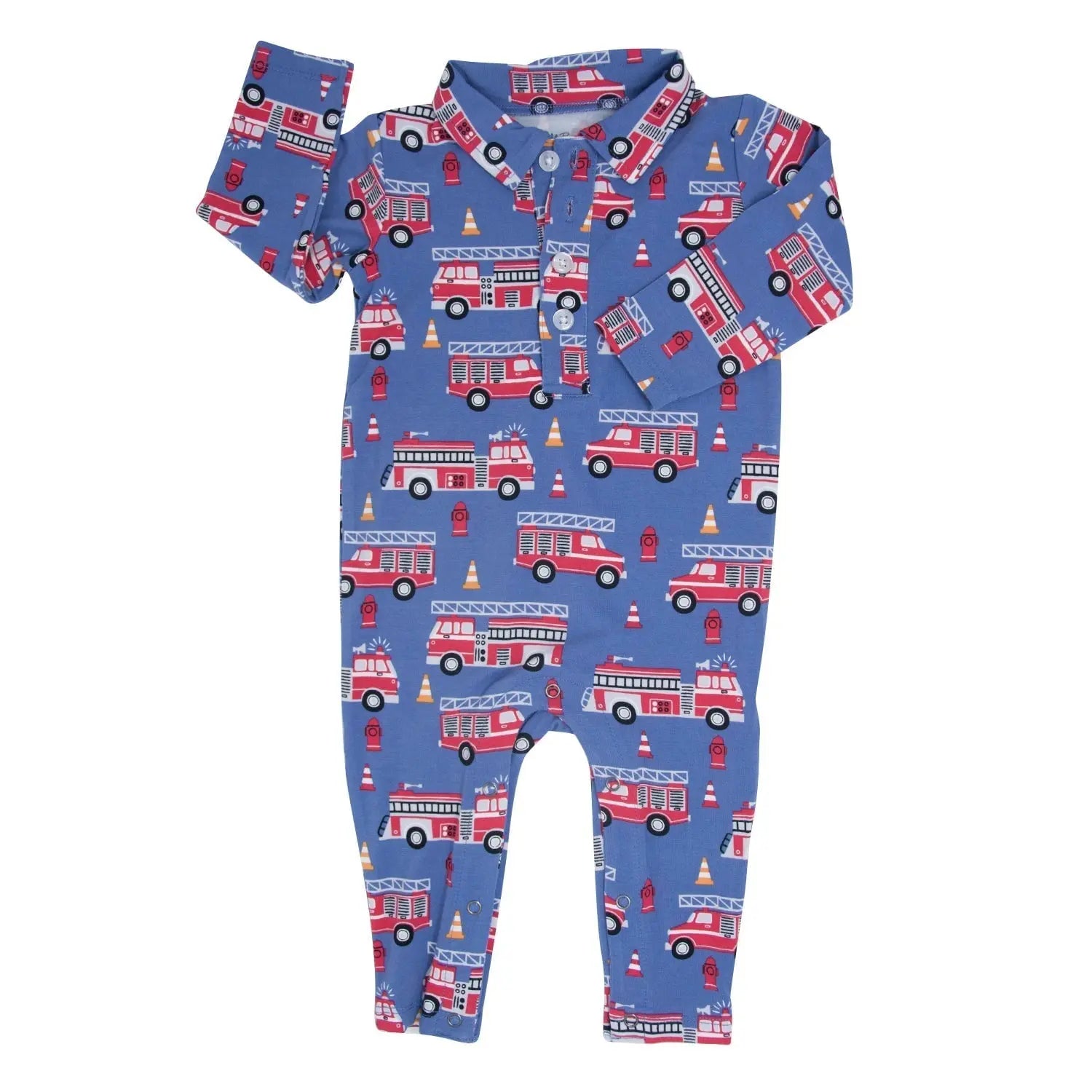 Blue Fire Truck Long Sleeve Polo Romper for Boys Sweet Bamboo