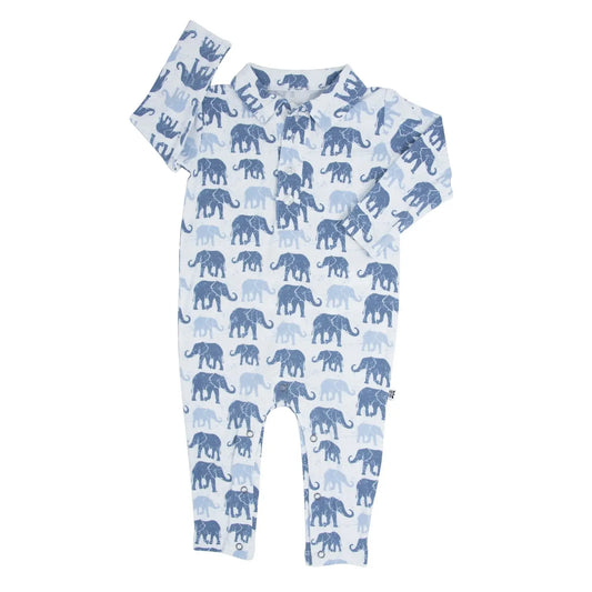 Blue Elephant Polo Romper for Boys Long Sleeves Front Button Closure Sweet Bamboo