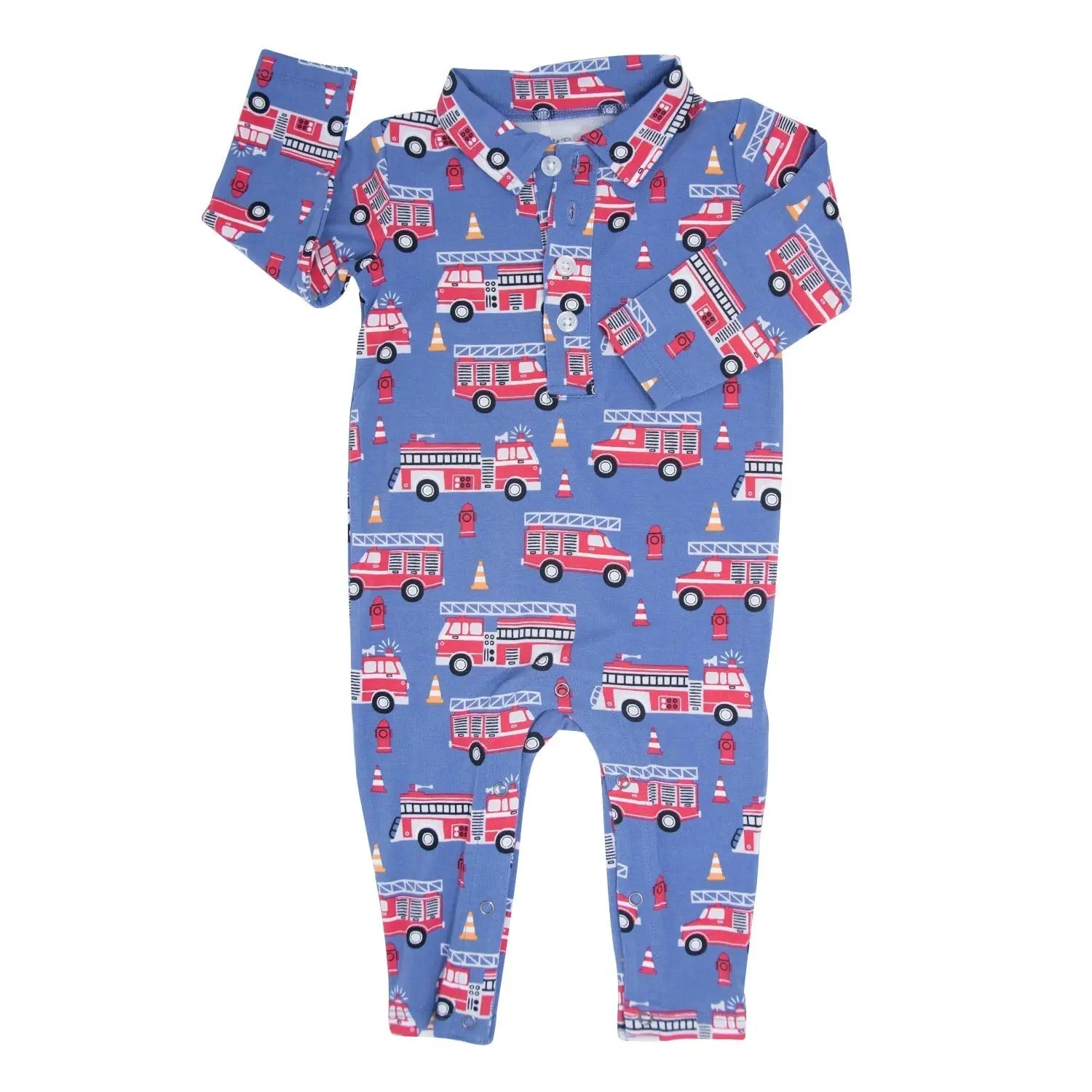 Blue Fire Truck Long Sleeve Polo Romper for Boys Sweet Bamboo