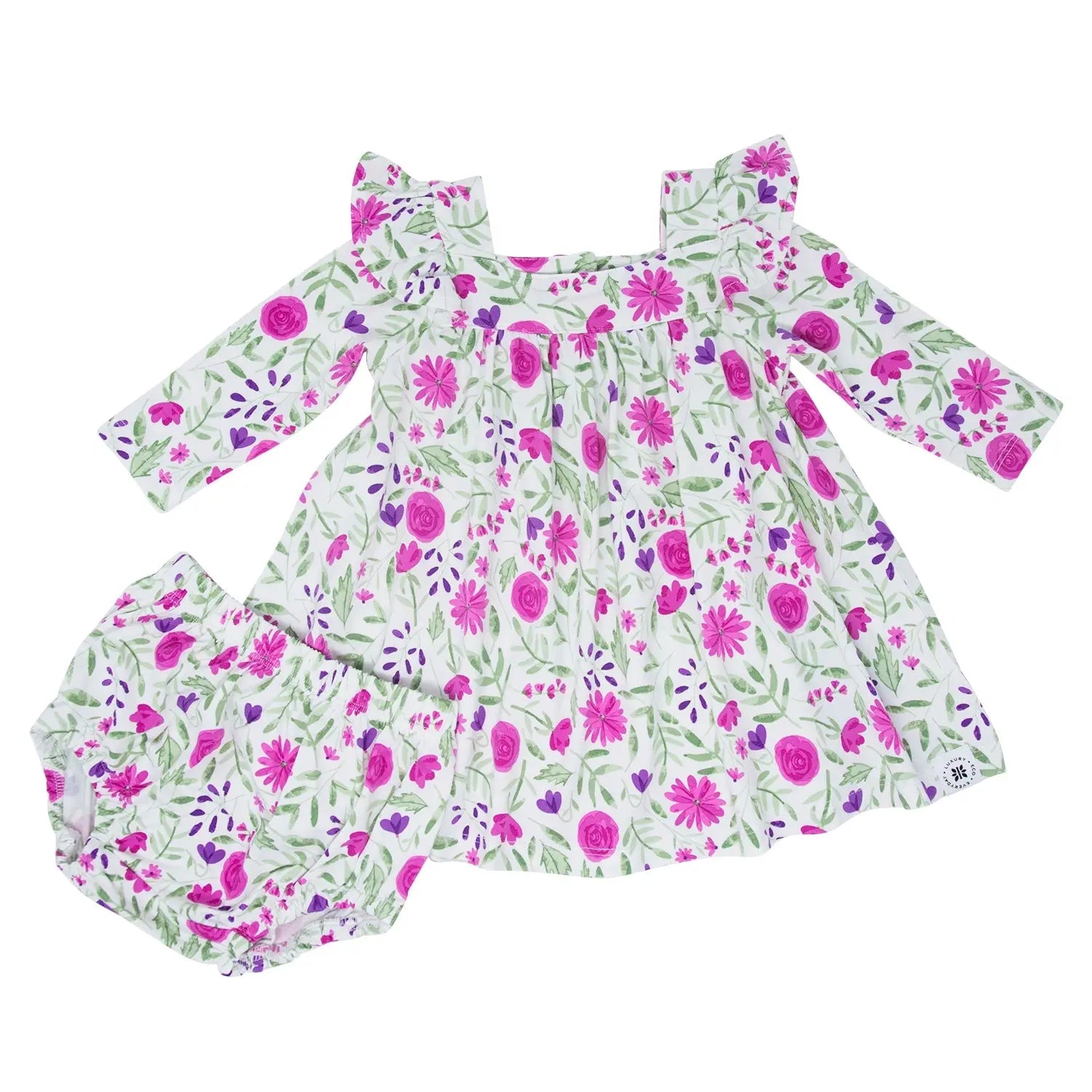 Sweet Purple Flowers Ruffle Dress With Bloomer Set For Comfy Daywear Sweet Bamboo