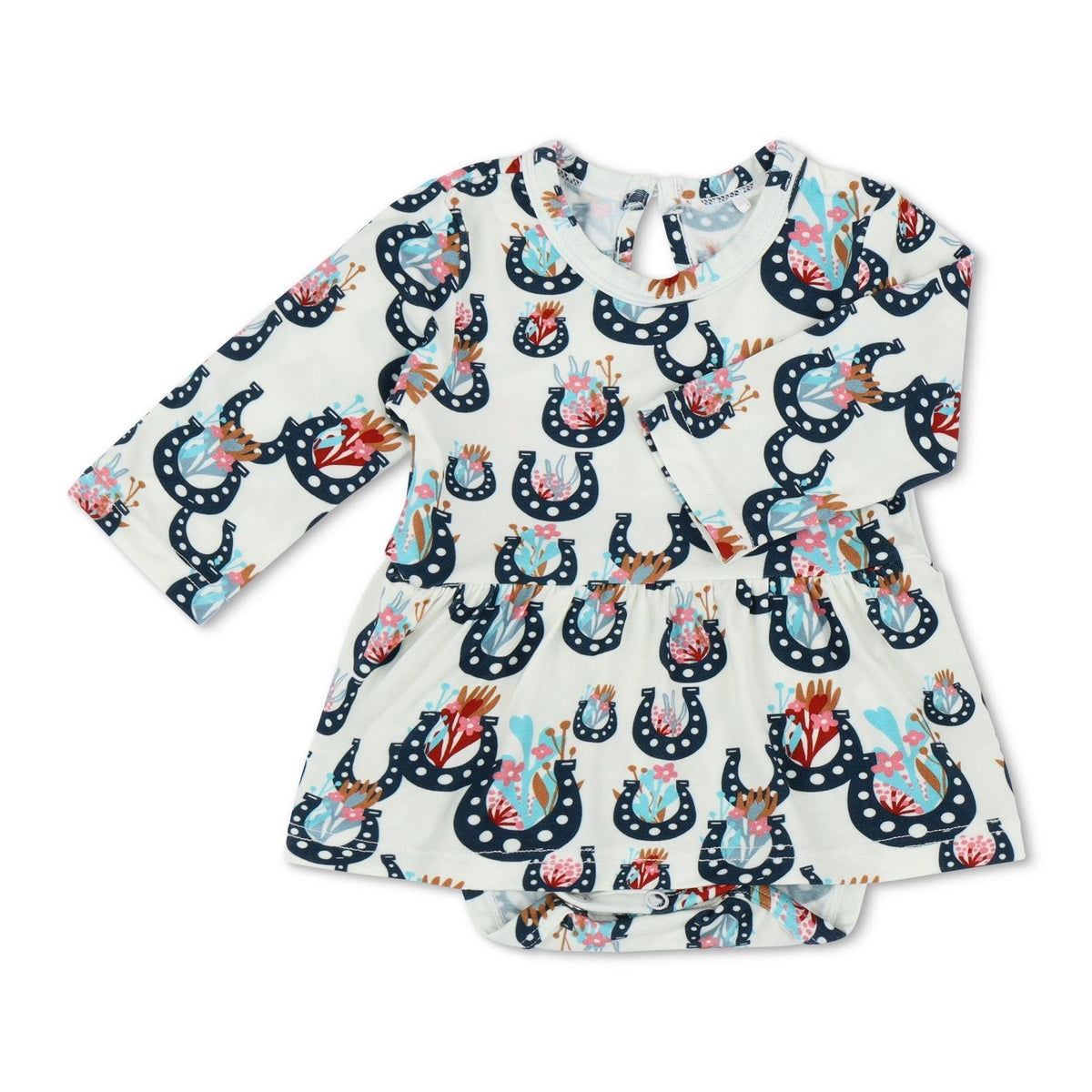 Long-sleeve bodysuit dress with Lucky Blossoms floral print and snaps at the inseam