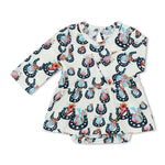 Long-sleeve bodysuit dress with Lucky Blossoms floral print and snaps at the inseam