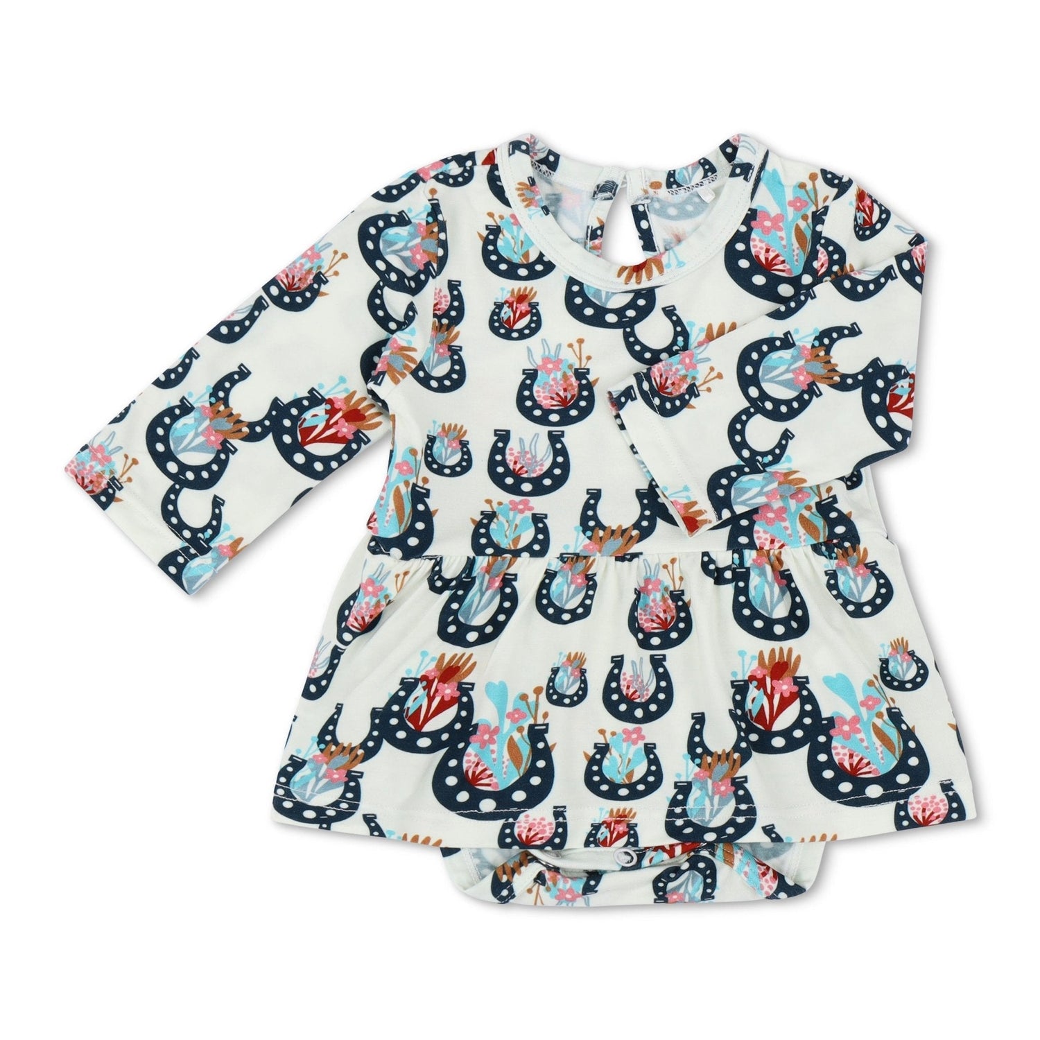 Long-sleeve bodysuit dress with Lucky Blossoms floral print and snaps at the inseam