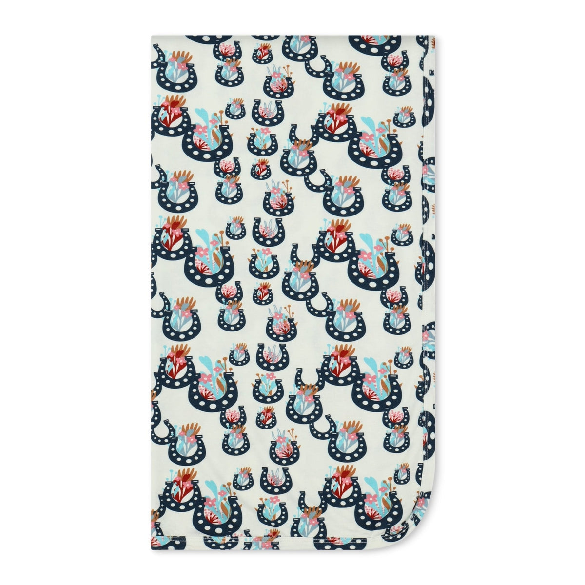 Swaddle blanket printed with a floral lucky blossoms motif in soft colors