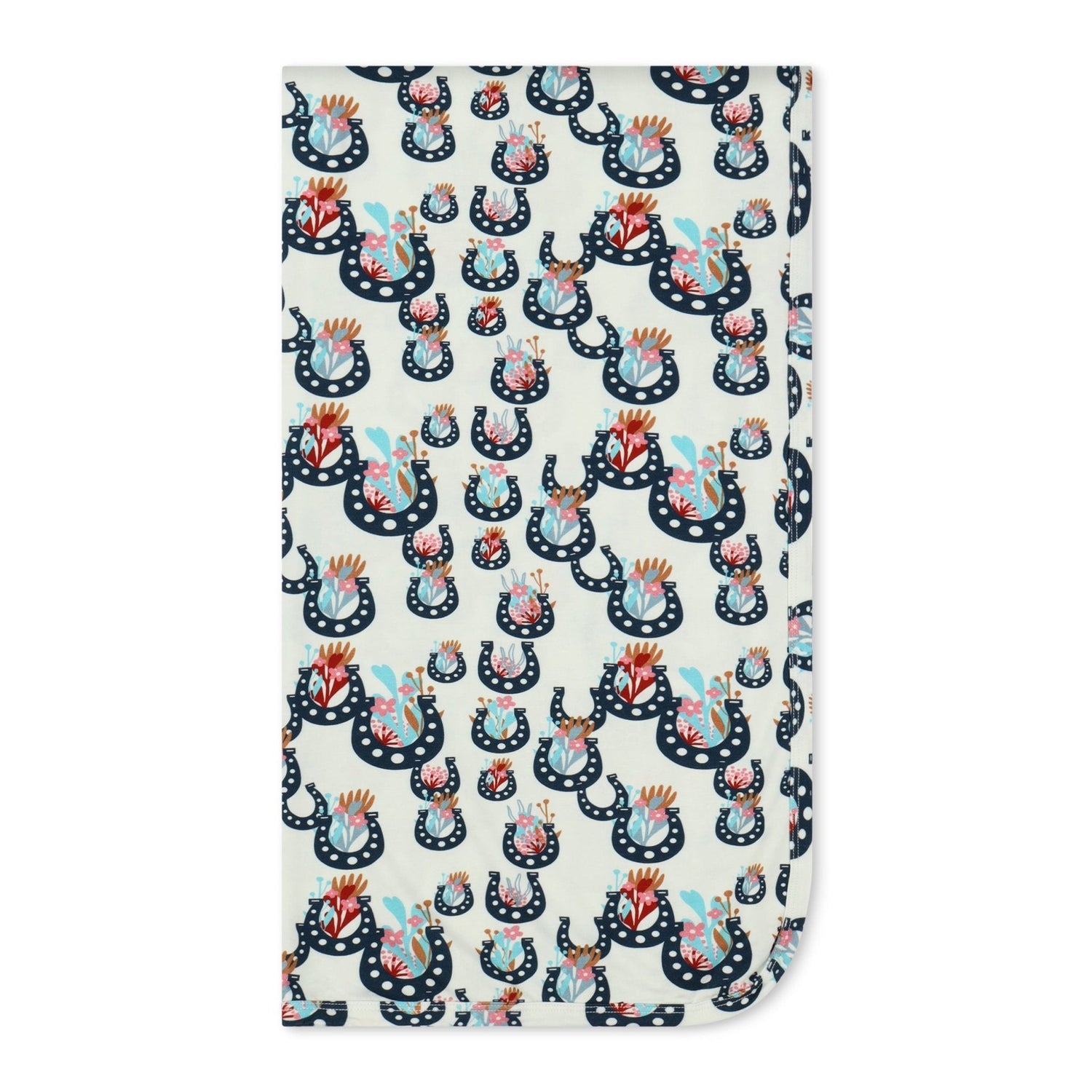 Swaddle blanket printed with a floral lucky blossoms motif in soft colors