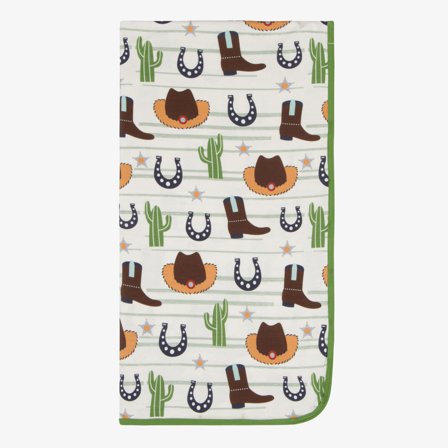 Baby swaddle blanket printed with cowboy boots, horseshoes, and cowboy hats in a western theme.