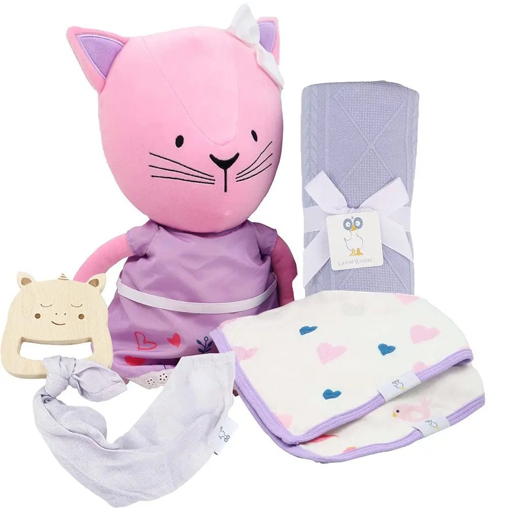 Goosewaddle® | Newborn Baby Blankets Toys Teethers Bibs & More Lucy The Kitty Gift Set with Soft Blanket and Teether