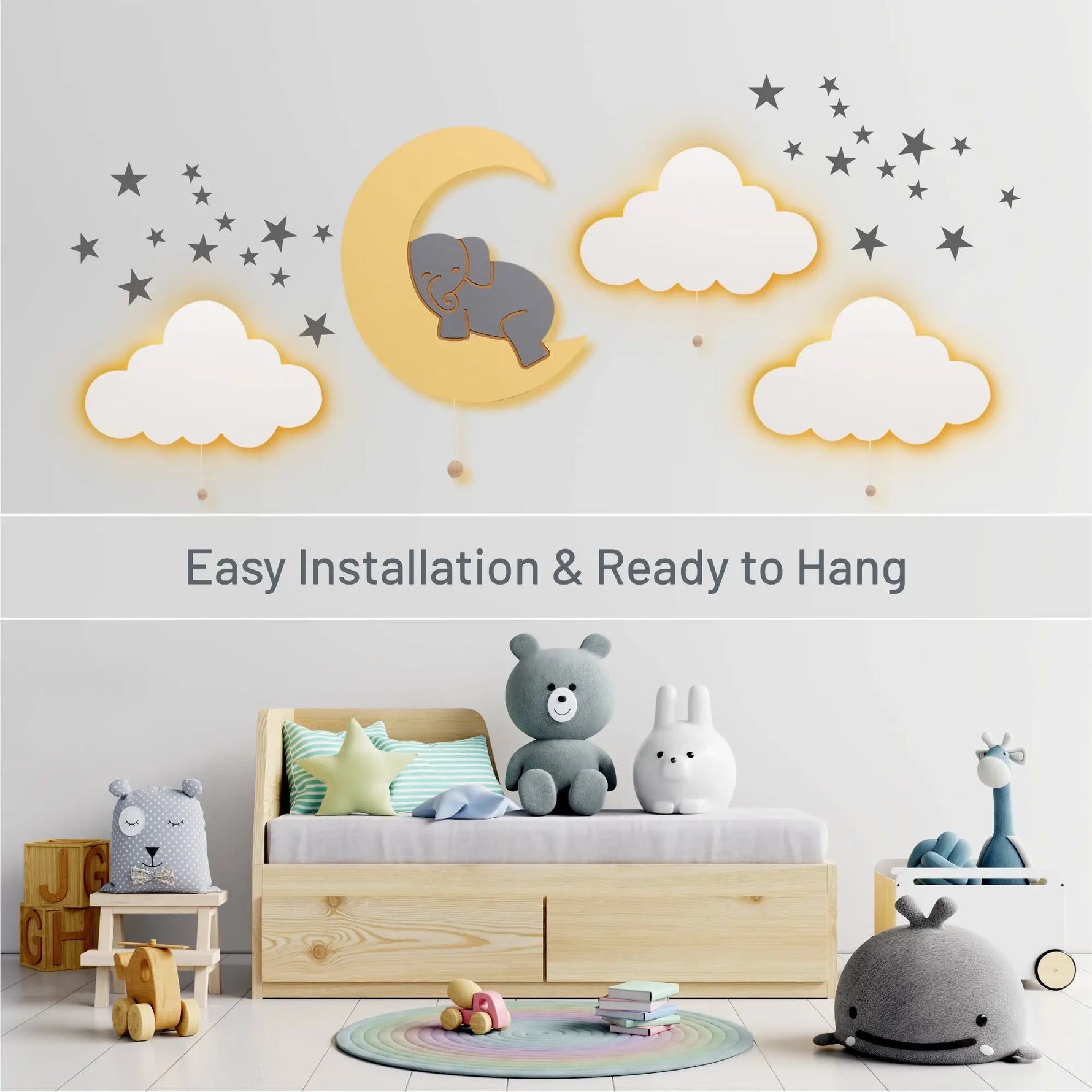 Lumieworld LumiDreams Hand Painted Wood Elephant Moon Wall Light for Kids LED Nightlight - 