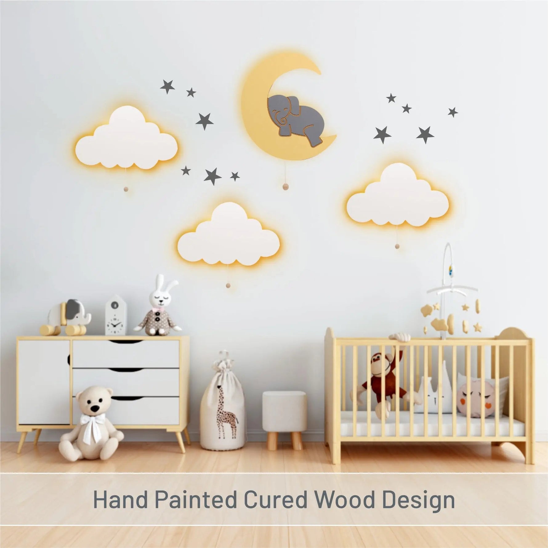 Lumieworld LumiDreams Hand Painted Wood Elephant Moon Wall Light for Kids LED Nightlight - 