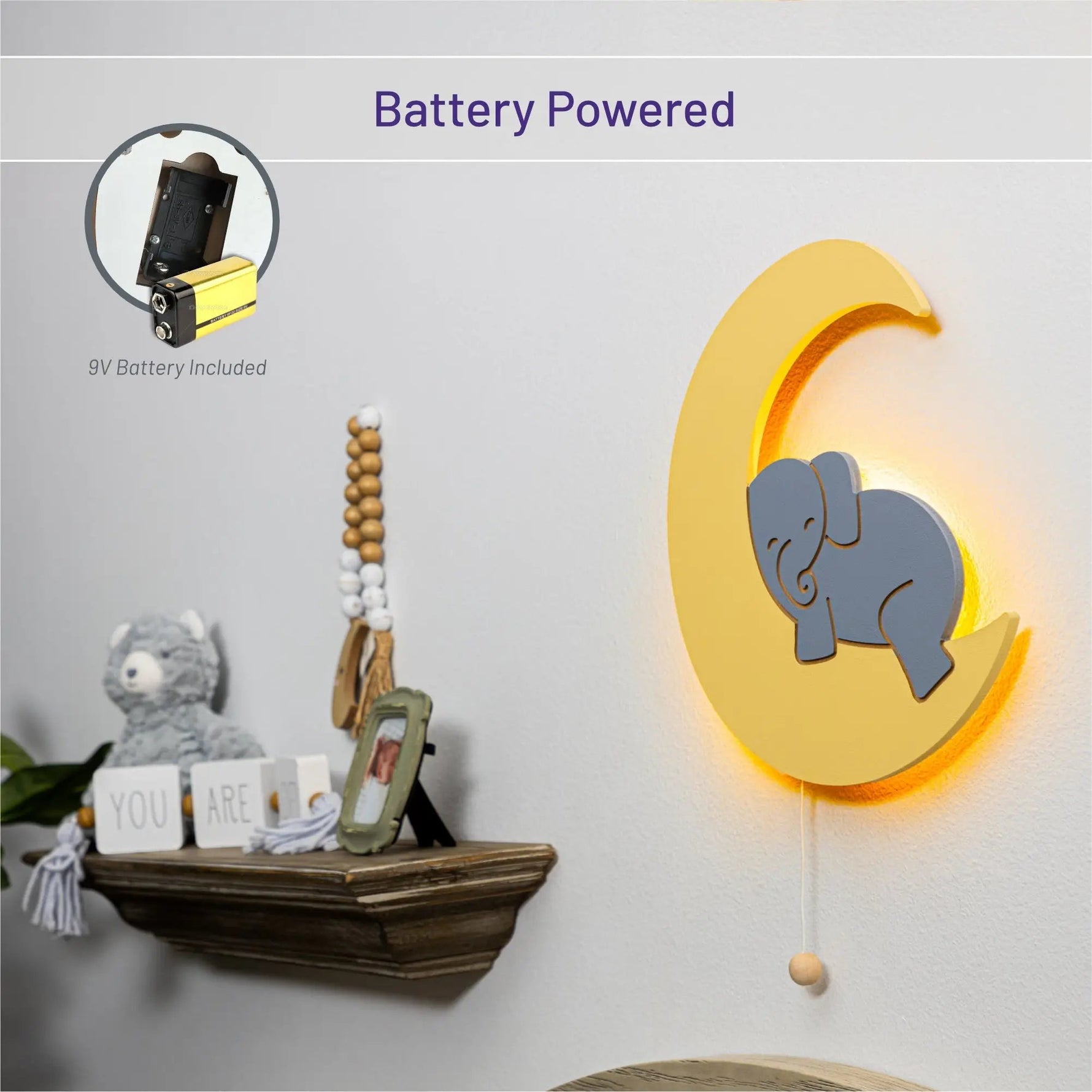 Lumieworld LumiDreams Hand Painted Wood Elephant Moon Wall Light for Kids LED Nightlight - 