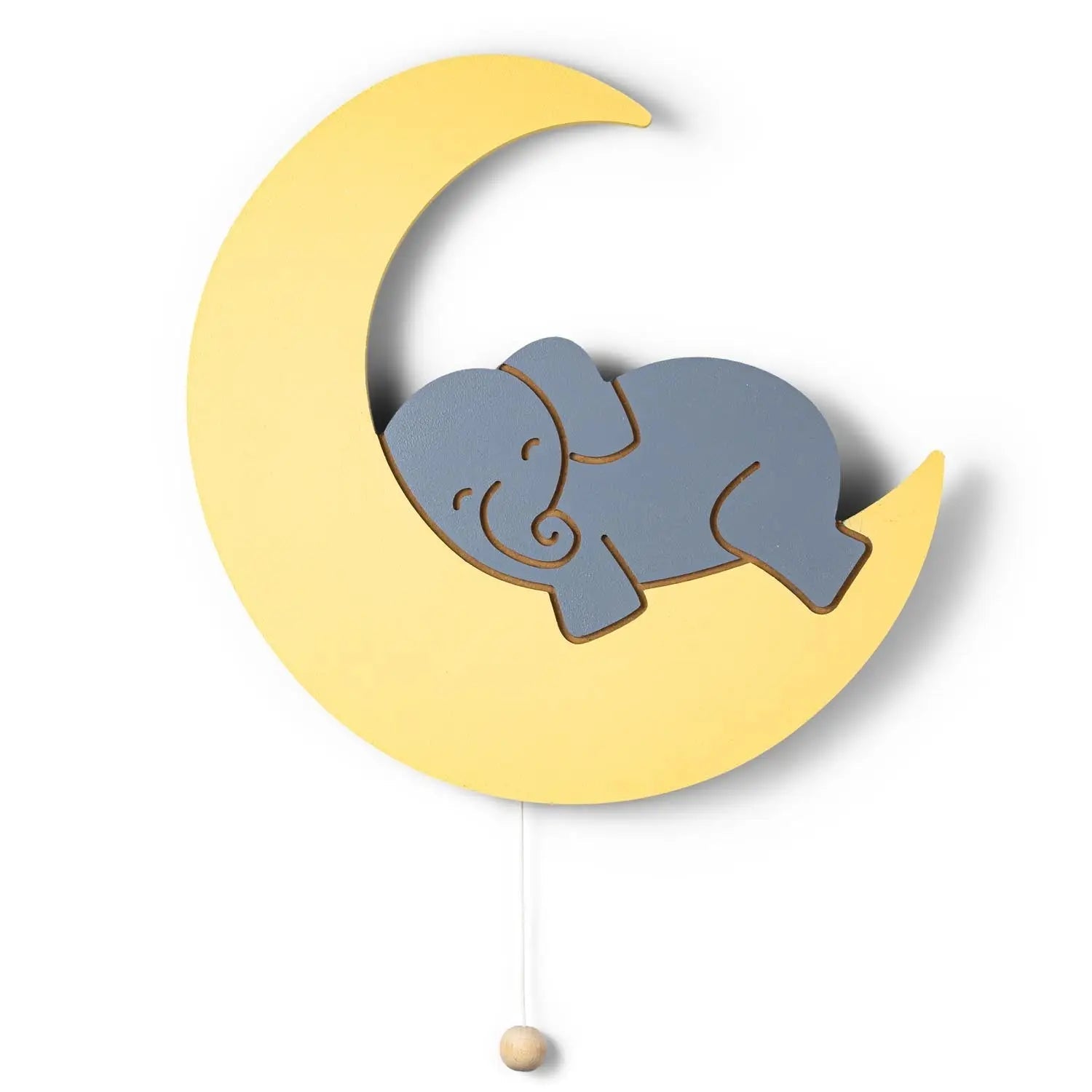 Wall nightlight shaped like a hand-painted elephant sitting on a crescent moon with a soft glow