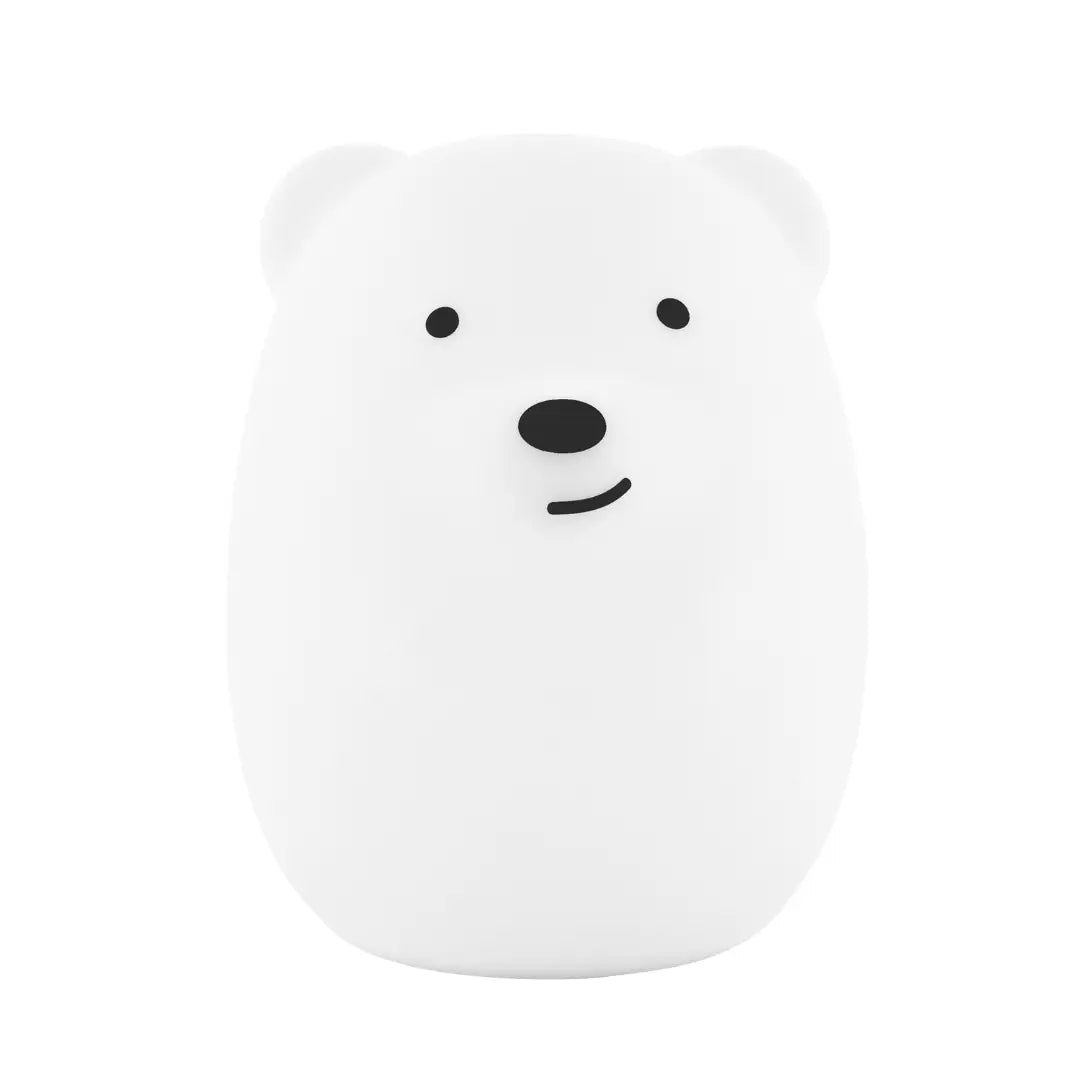 Bear-shaped silicone night light glowing in a soft color, with a rounded seated body and gentle smiling face