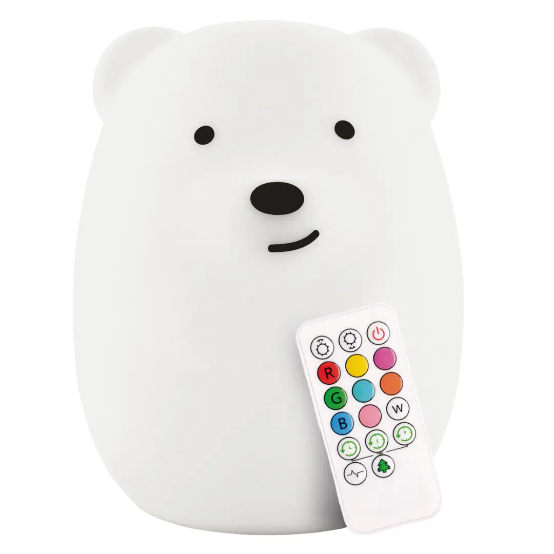 Bear-shaped silicone night light glowing in a soft color, with a rounded body and friendly face.