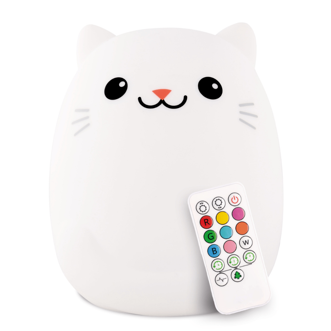 Cat-shaped silicone night light glowing in a soft color, with tap controls on top.