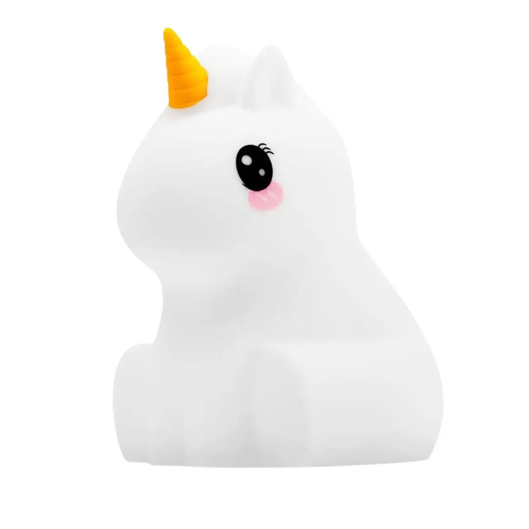 Unicorn-shaped silicone night light glowing in a soft color with tap controls on top