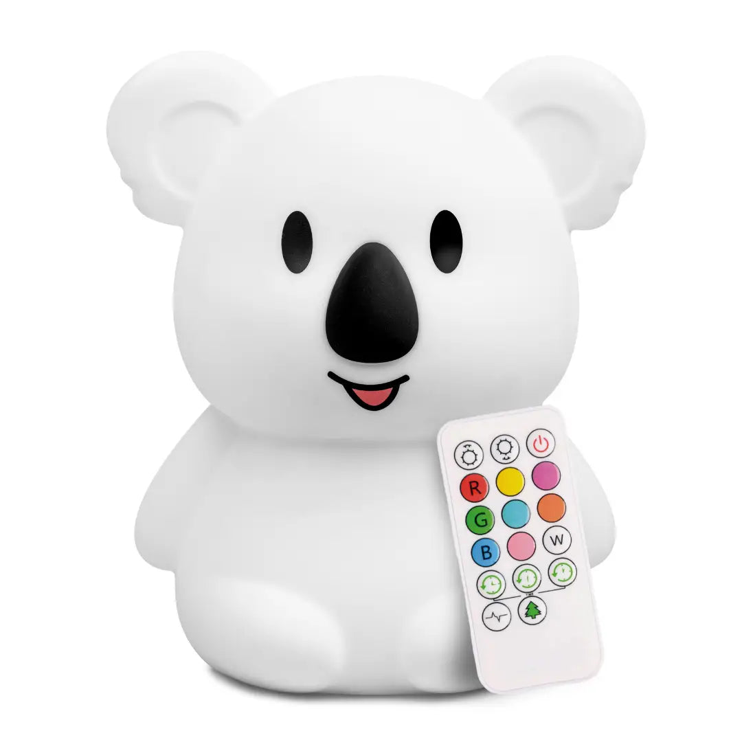 Koala-shaped silicone night light glowing in a soft color, with a rounded body and simple friendly face.
