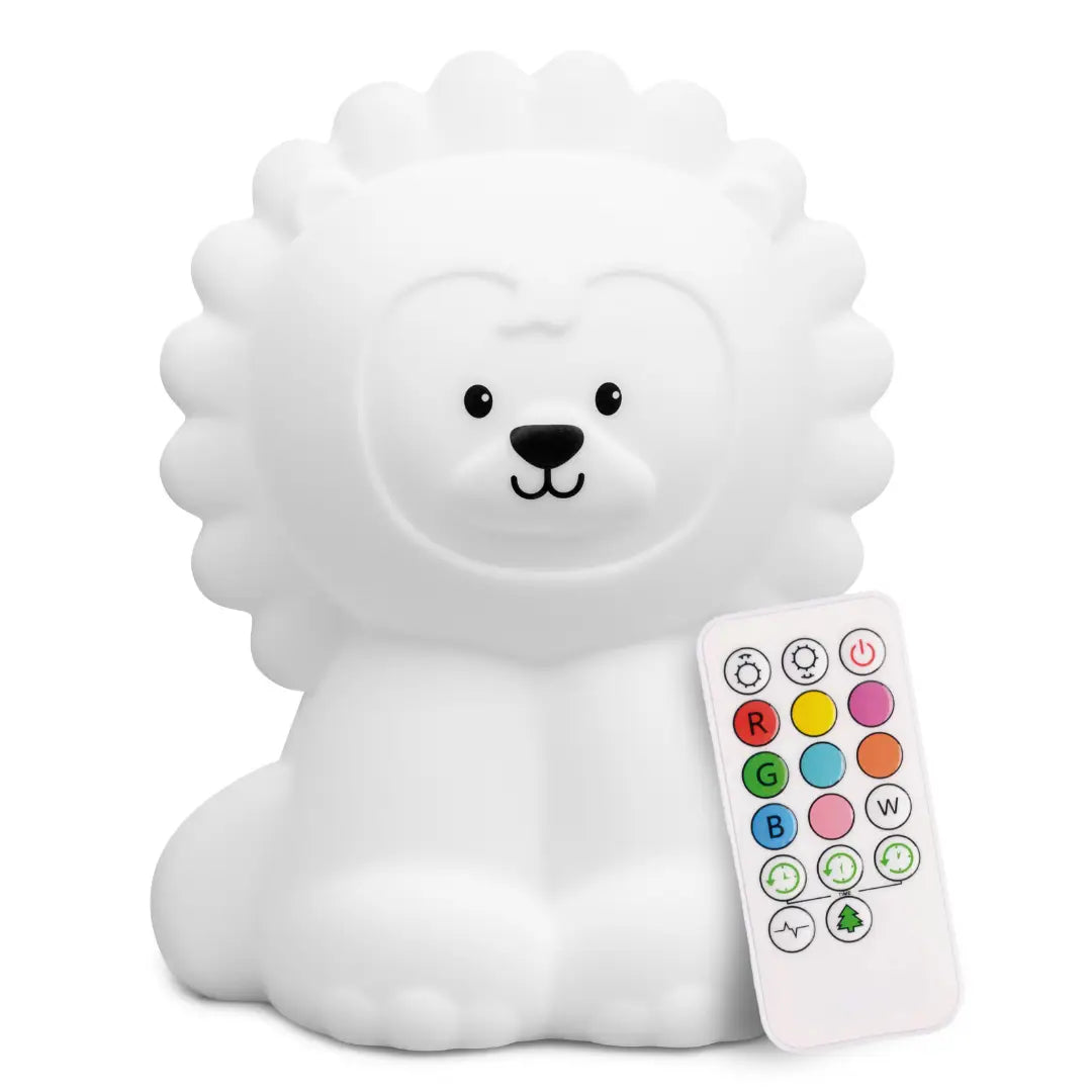 Lion-shaped children's touch night light made of soft silicone, glowing in a bright color.