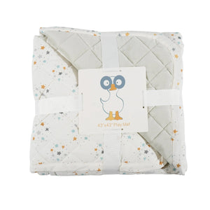 Square baby play mat with a colorful star design on a soft padded surface